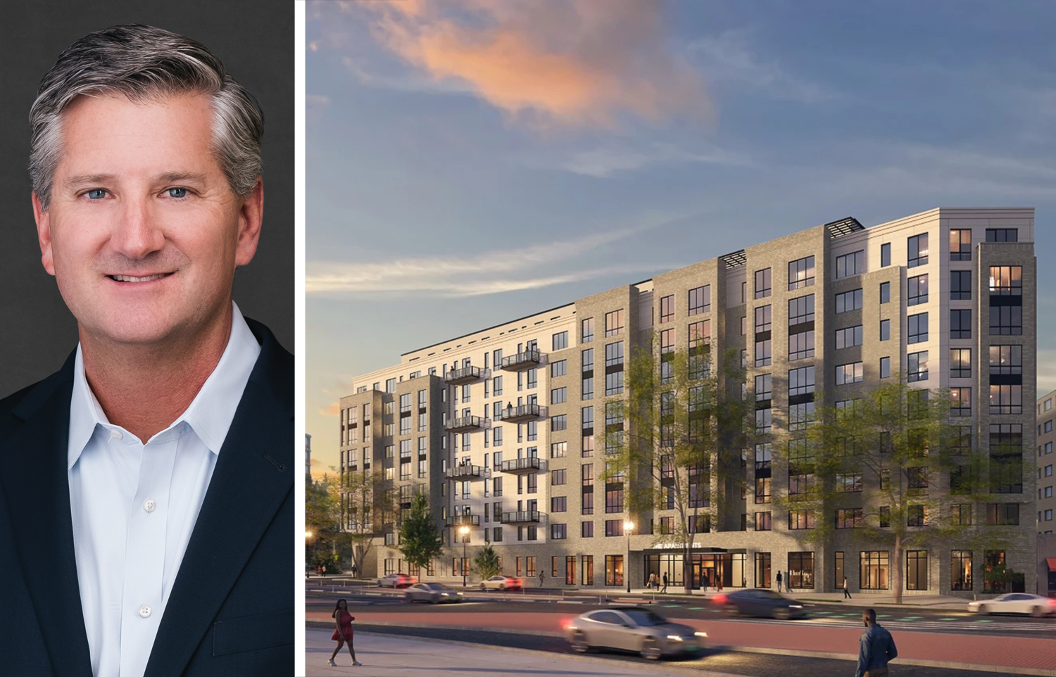Carr Properties CEO Oliver Carr and a rendering of 2121 Virginia Avenue NW, Washington, D.C.