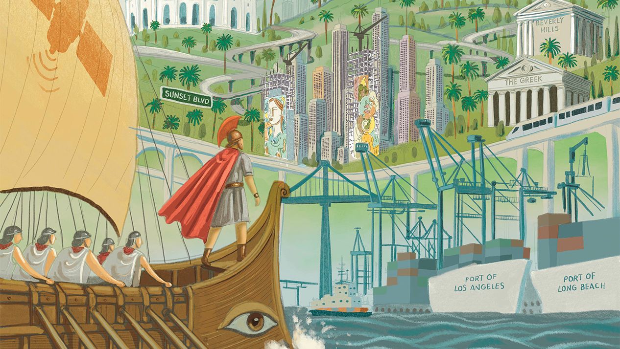 An illustration of Odysseus arriving in Los Angeles aboard his ship.