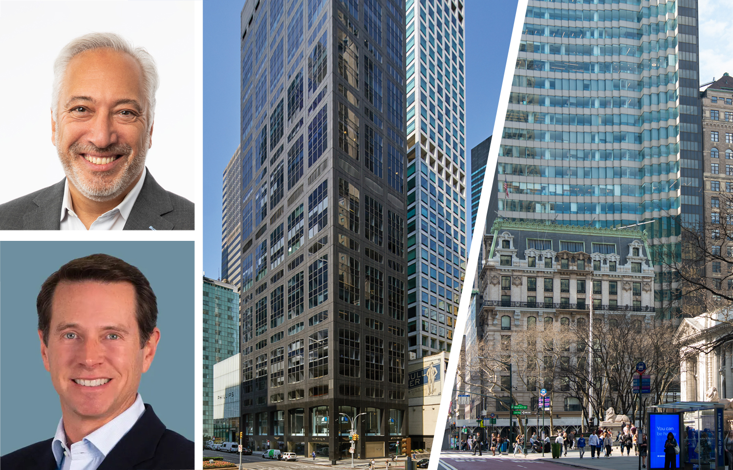 JLL's Patrick Smith (top), CBRE's Paul Amrich (bottom), 450 Park Avenue (second from right) and 10 Bryant Park.