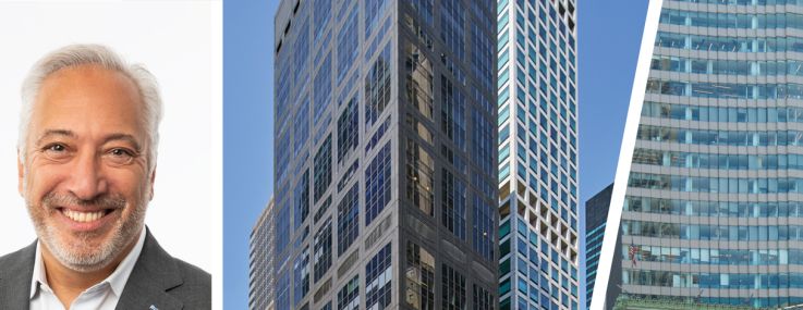 JLL's Patrick Smith (top), CBRE's Paul Amrich (bottom), 450 Park Avenue (second from right) and 10 Bryant Park.