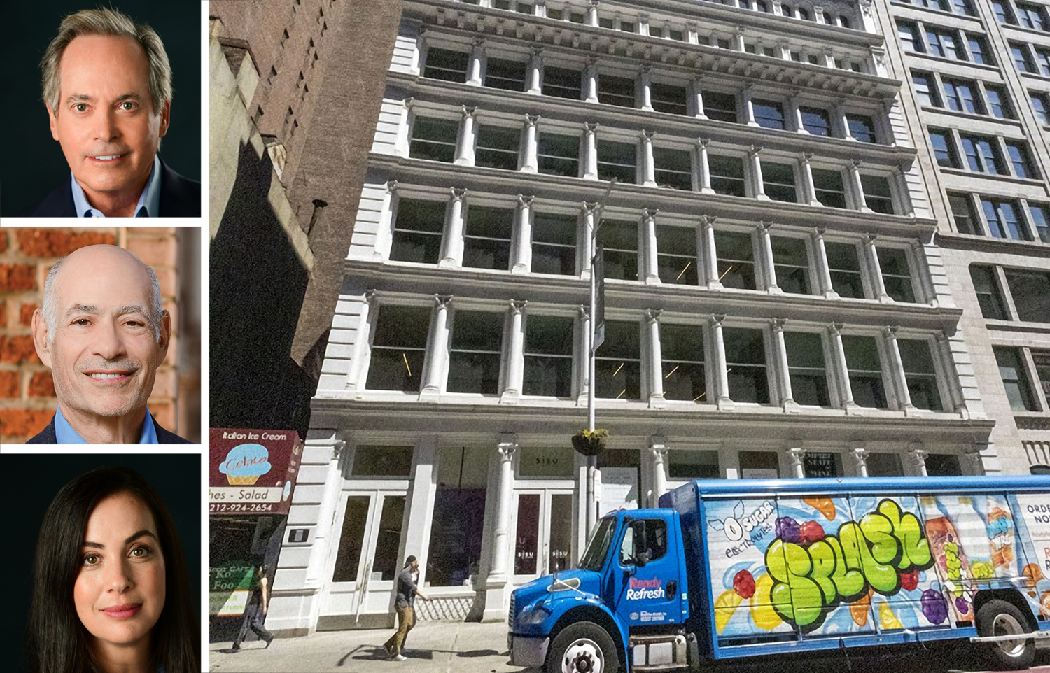 Taconic Partners' Paul Pariser (top), Charles Bendit (center) and Colleen Wenke, and 61 West 23rd Street.