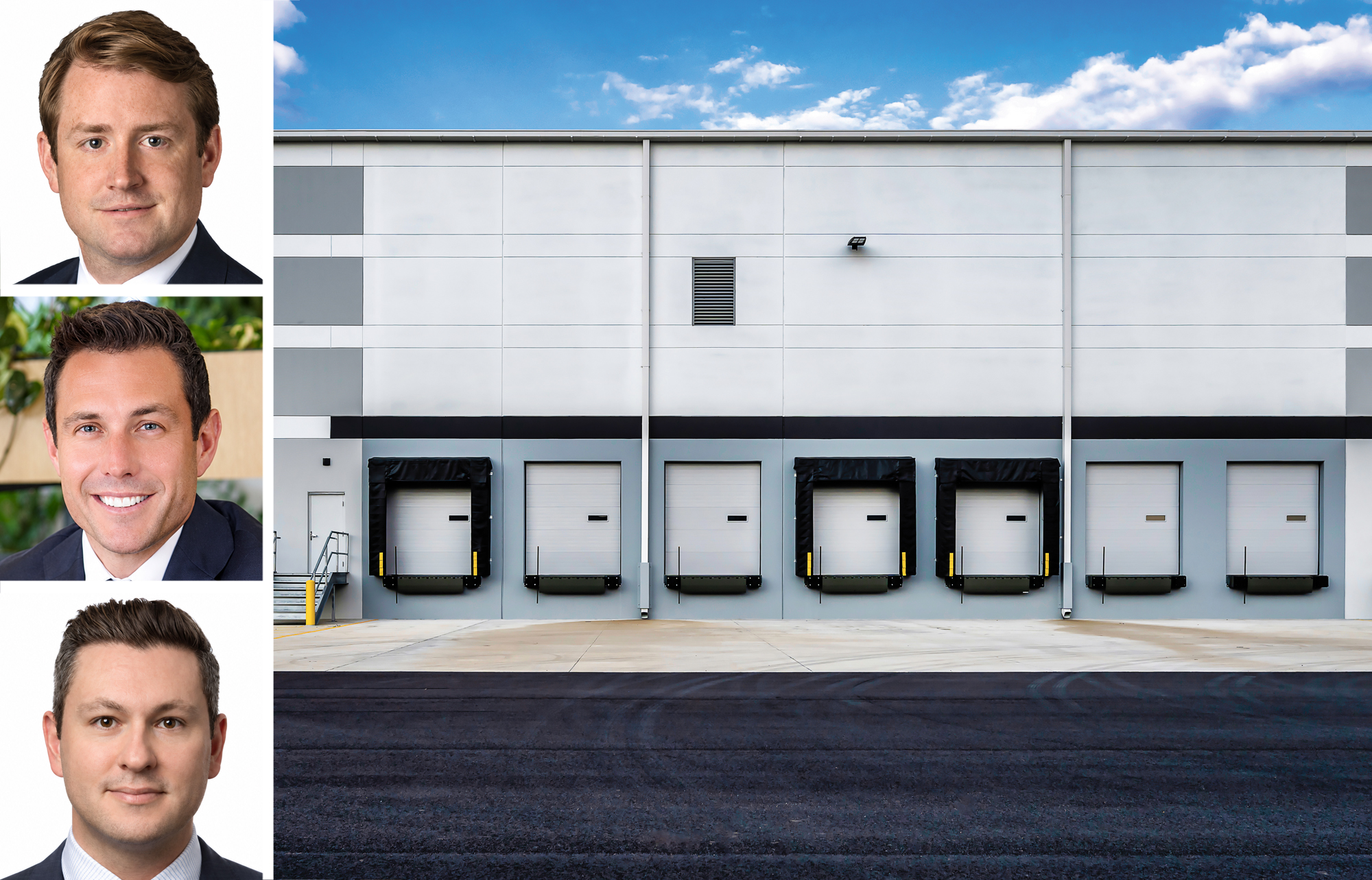JLL's Peter Rotchford (top), Steven Binswanger (center) and Lucas Borges, and the loading dock of a warehouse.