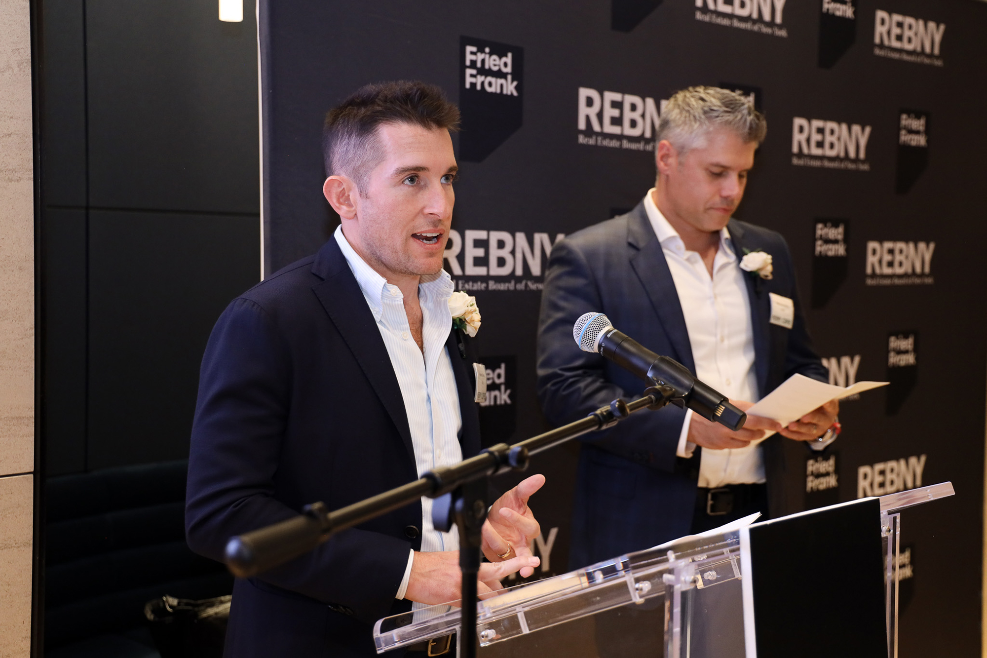 Preston Cannon (left) and Matt Chmielecki of REBNY's Retail Committee speak at REBNY's Annual Retail Deal of the Year Awards.