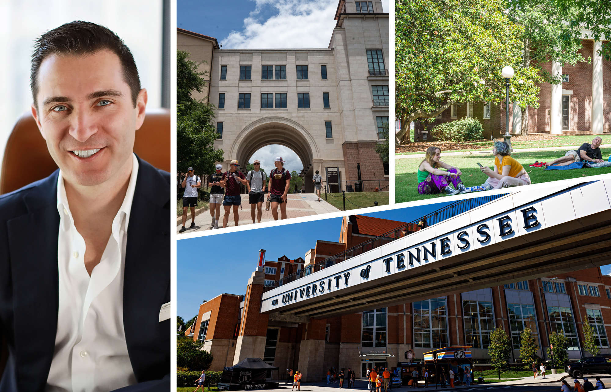 Robert Bronstein, CEO Scion Group, the campuses of Texas State University (top center), University of Gerogia (top right) and University of Tennessee.