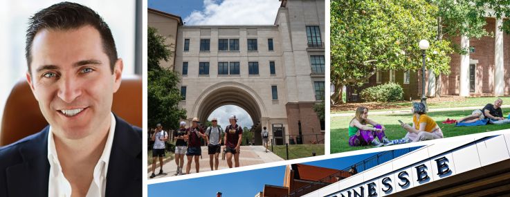 Robert Bronstein, CEO Scion Group, the campuses of Texas State University (top center), University of Gerogia (top right) and University of Tennessee.