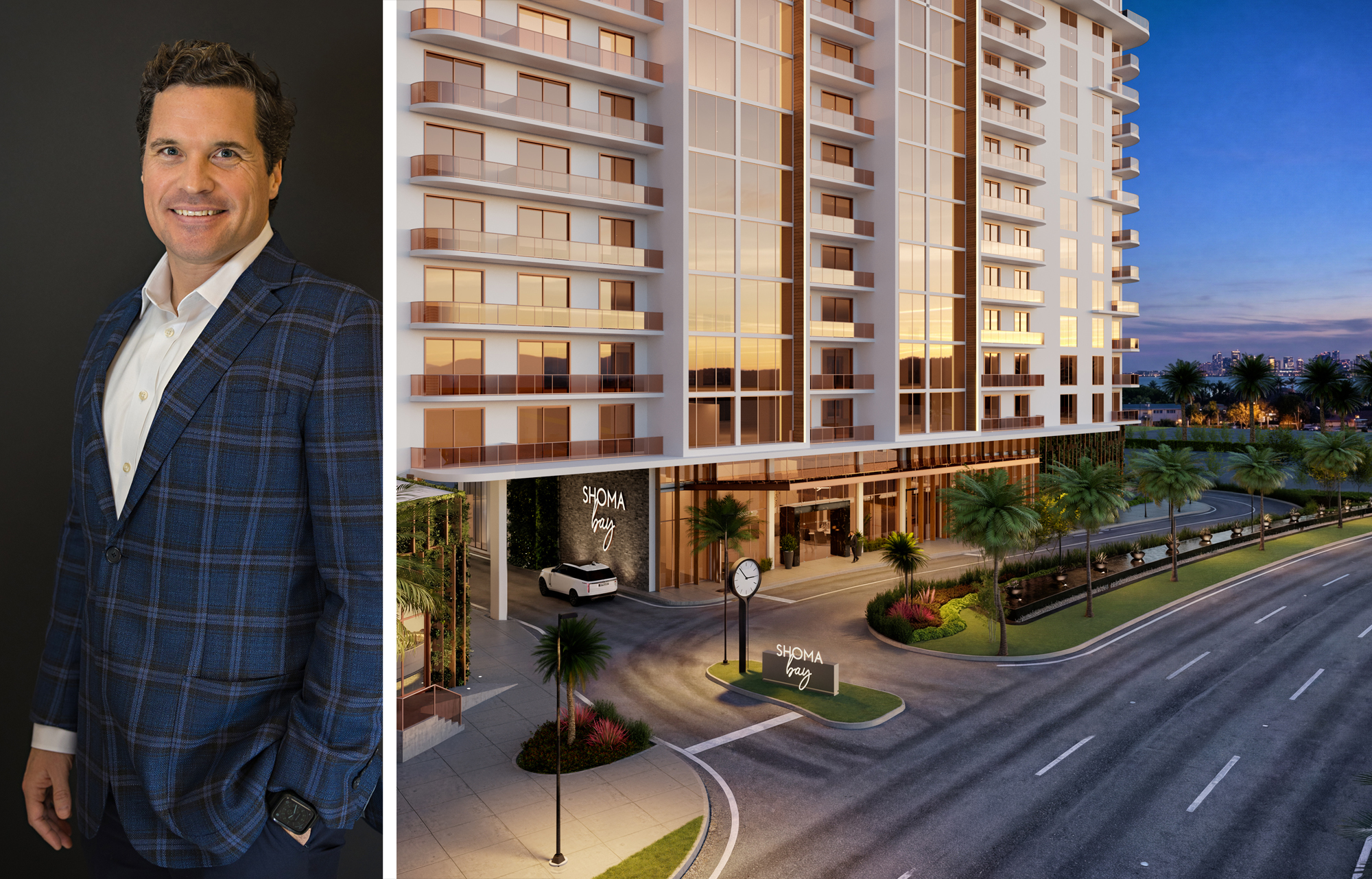 Nuveen Green Capital's Ryan Doyle and a rendering of Shoma Bay in North Bay Village, Fla.