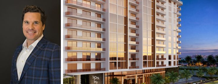 Nuveen Green Capital's Ryan Doyle and a rendering of Shoma Bay in North Bay Village, Fla.