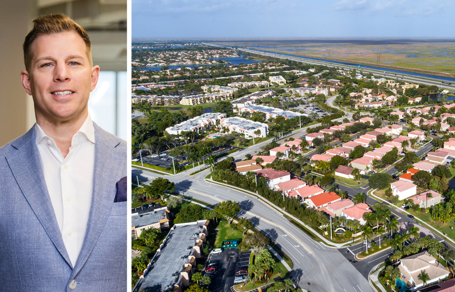JLL's Ryan Levy and an aerial view of Weston, Fla.