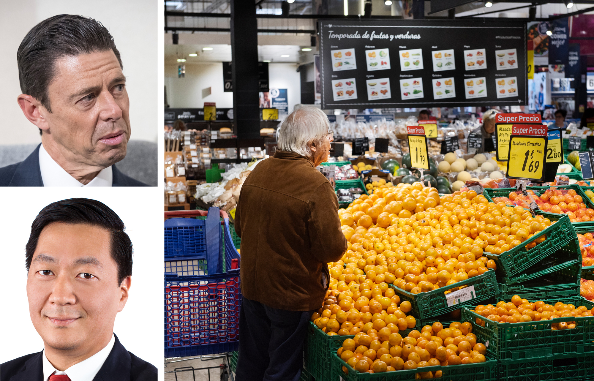 KKR co-CEOs Scott Nuttall (top) and Joseph Bae, and a grocery store in Spain.