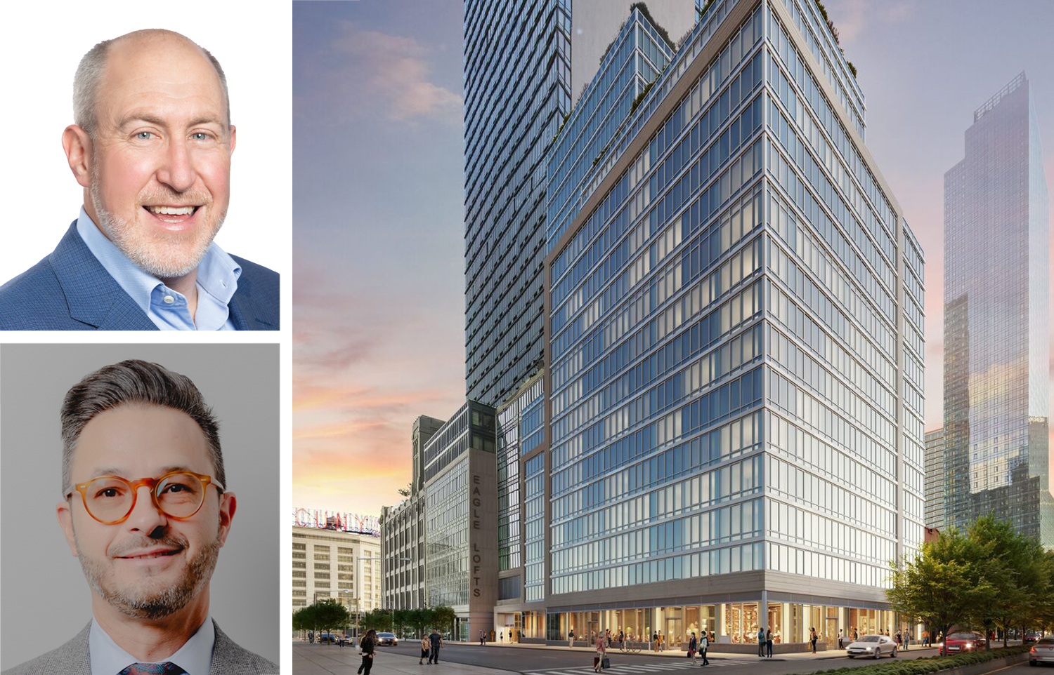 Avison Young's Scott Singer (top), Wells Fargo's Pete Cannava and a rendering of the Eagle Lofts Collection, Phase 2 project at 43-14 Queens Street in Long Island City.