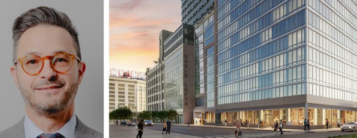 Avison Young's Scott Singer (top), Wells Fargo's Pete Cannava and a rendering of the Eagle Lofts Collection, Phase 2 project at 43-14 Queens Street in Long Island City.