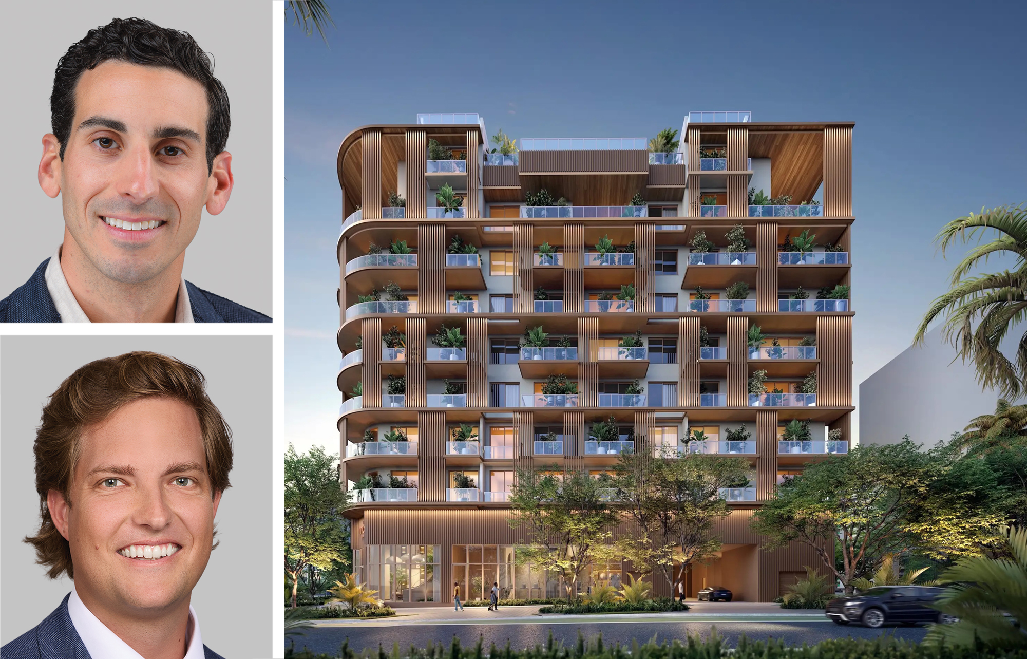Berkadia's Scott Wadler (top) and Bobby Dockery, and a rendering of the Lincoln planned for Coconut Grove, Fla.