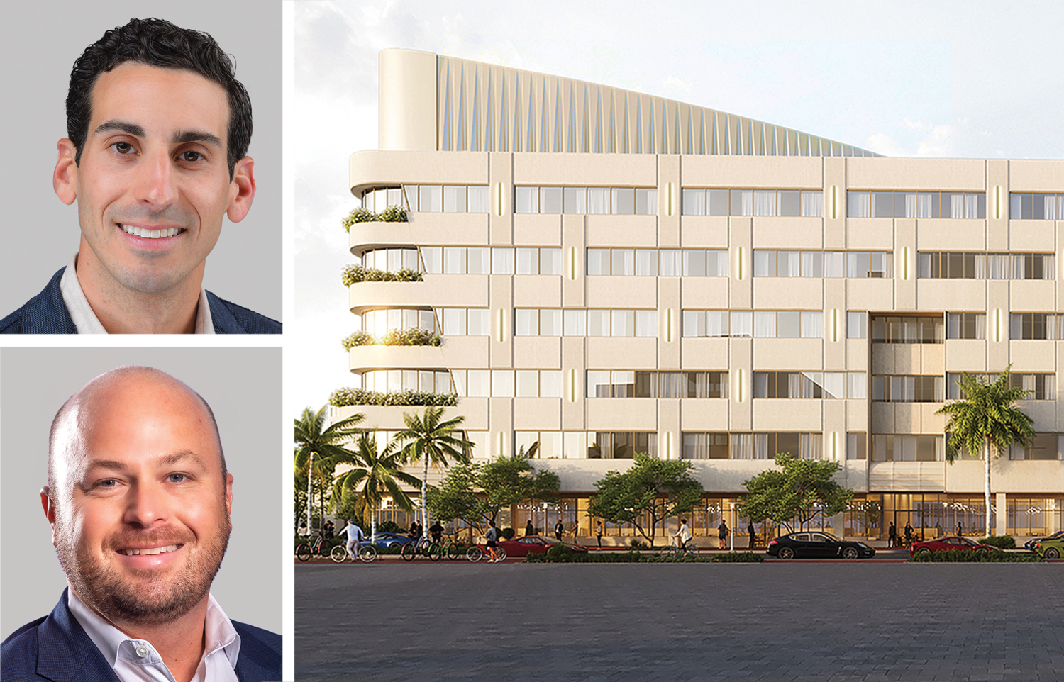 Berkadia's Scott Wadler (top) and Brad Williamson, and a rendering of Rivani Miami Beach.