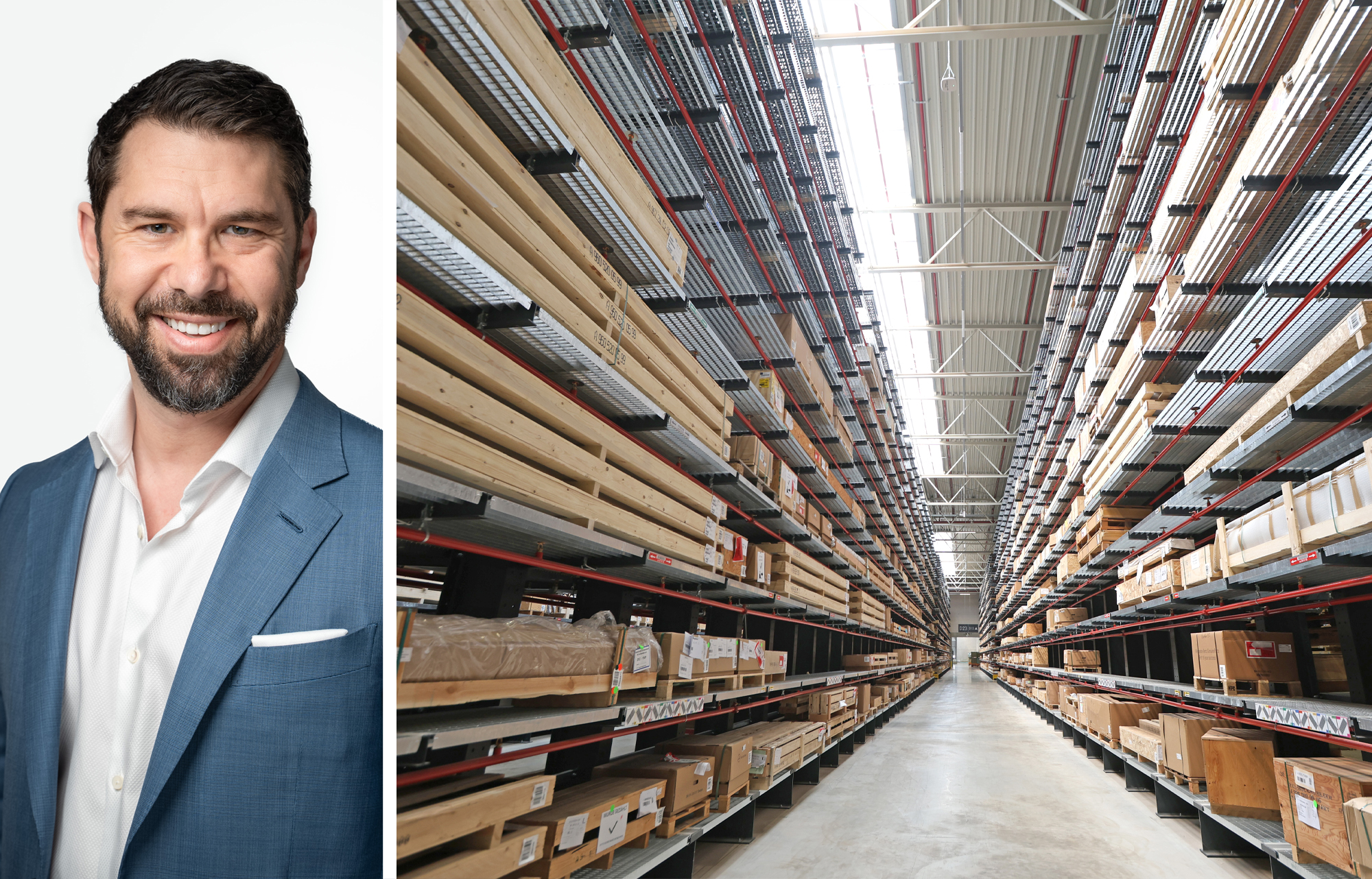 Dalfen Industrial President and CEO Sean Dalfen, and items stacked on warehouse shelves.