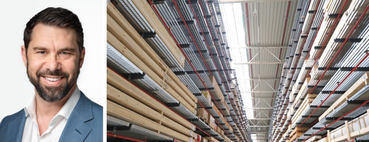 Dalfen Industrial President and CEO Sean Dalfen, and items stacked on warehouse shelves.