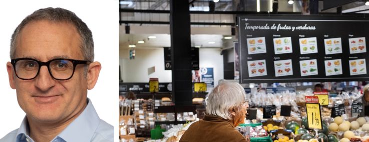 KKR's Seb d'Avanzo (top), Realty Income's Sumit Roy, and a grocery store in Spain.