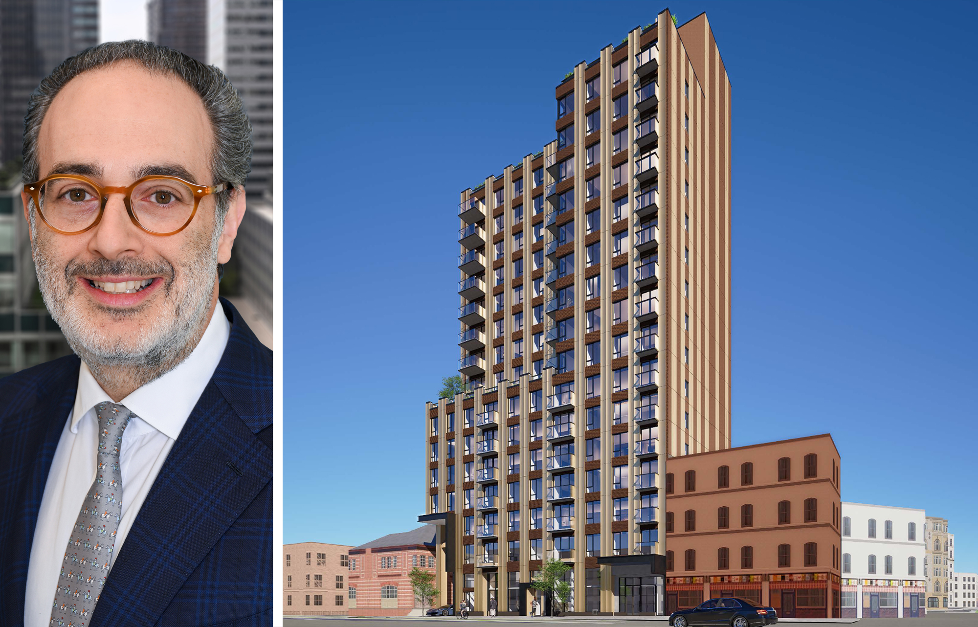 S3 Capital's Shawn Safdie and a rendering of 277 North Eighth Street, Brooklyn.