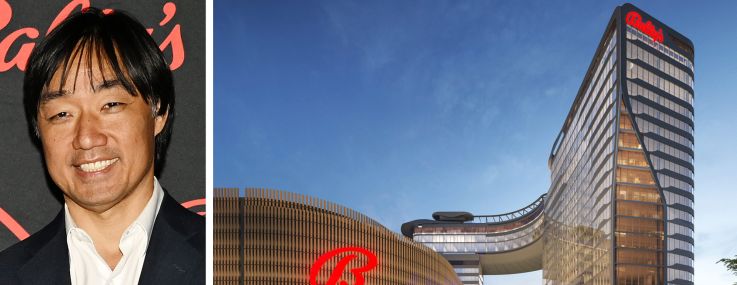 Bally''s Corporation Soo Kim and a rendering of the planned Bally's Bronx Casino.