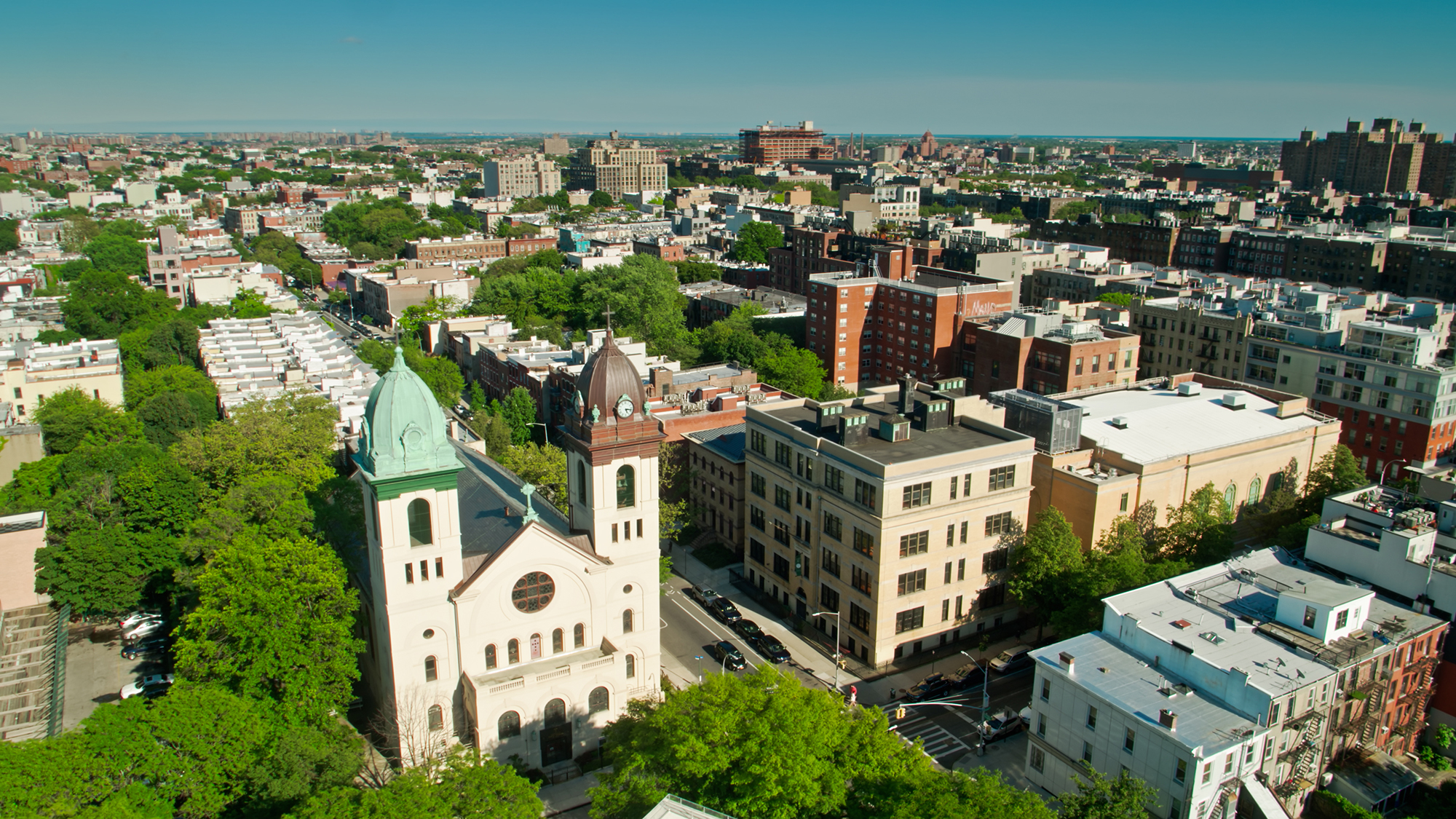 Aerial shot of St. Teresa of Avila Church on Classon Avenue, Brooklyn.