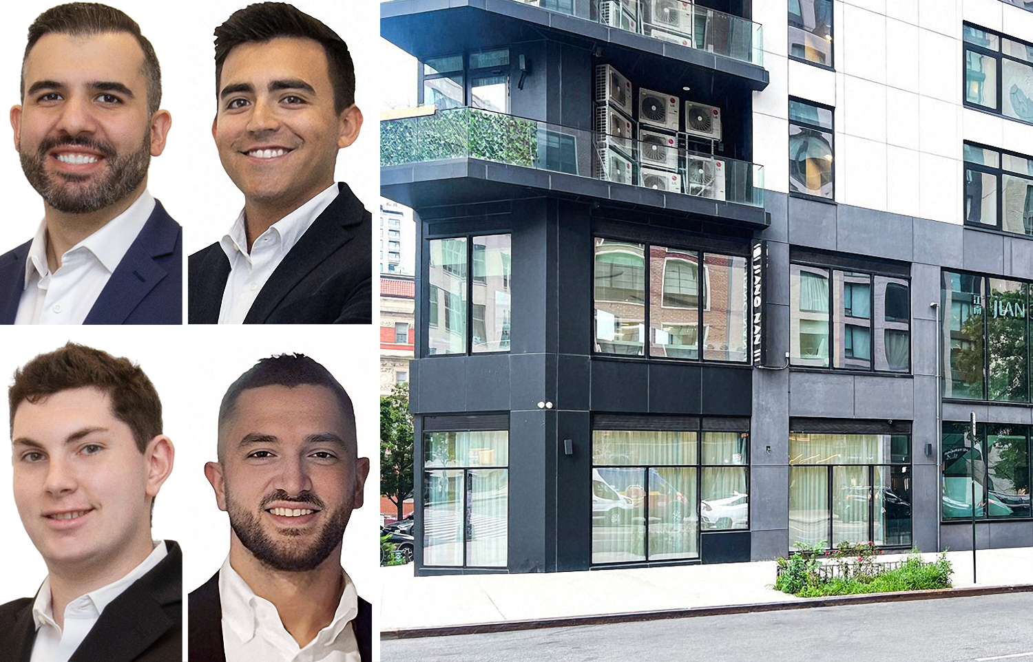RTL's Thomas Galo (clockwise from top left), Eli Gold, Michael Shkreli and Matthew Knispel, and 27-19 Thomson Avenue, Queens.
