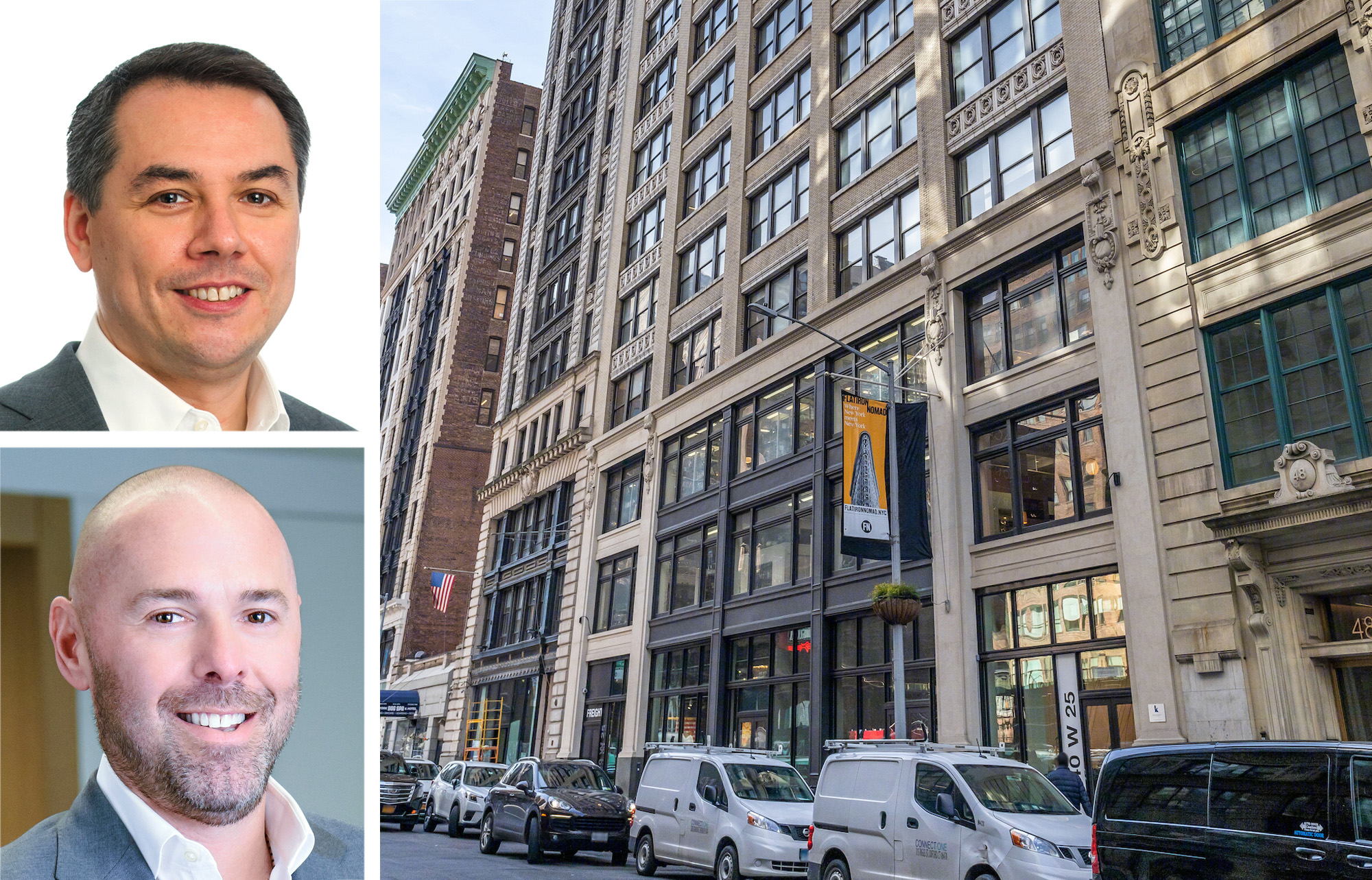 JLL's Valentin Stobetsky (top) and Evan Margolin, and 40 West 25th Street.