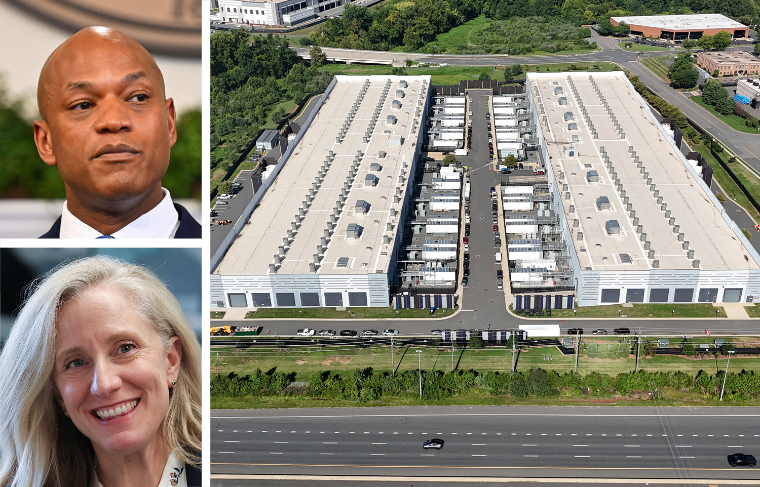 Maryland Gov. Wes Moore (top), Virginia Gov. Abigail Spanberger and a data center in Virginia.