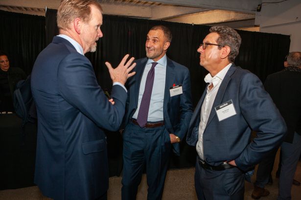 Attendees including James Nelson (from left), Will Silverman and Dan Berman mingle at the Commercial Observer Power Gala at 7 World Trade Center.