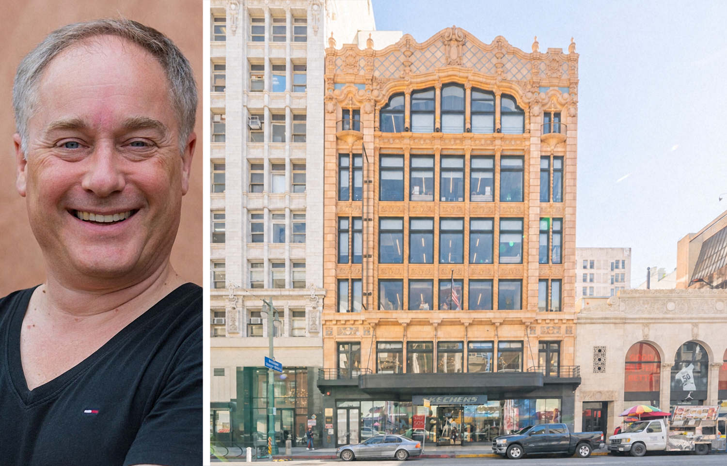 infinitSpace CEO Wybo Wijnbergen and Desmond’s Building at 612 South Broadway, Los Angeles.