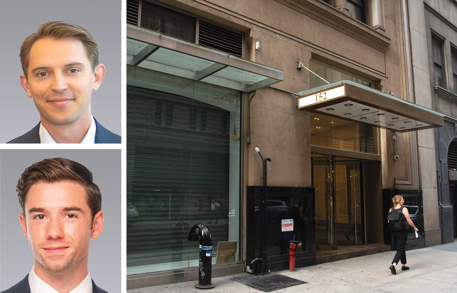 Colliers' Zach Redding (top) and Dylan Kane, and 152 West 36th Street.