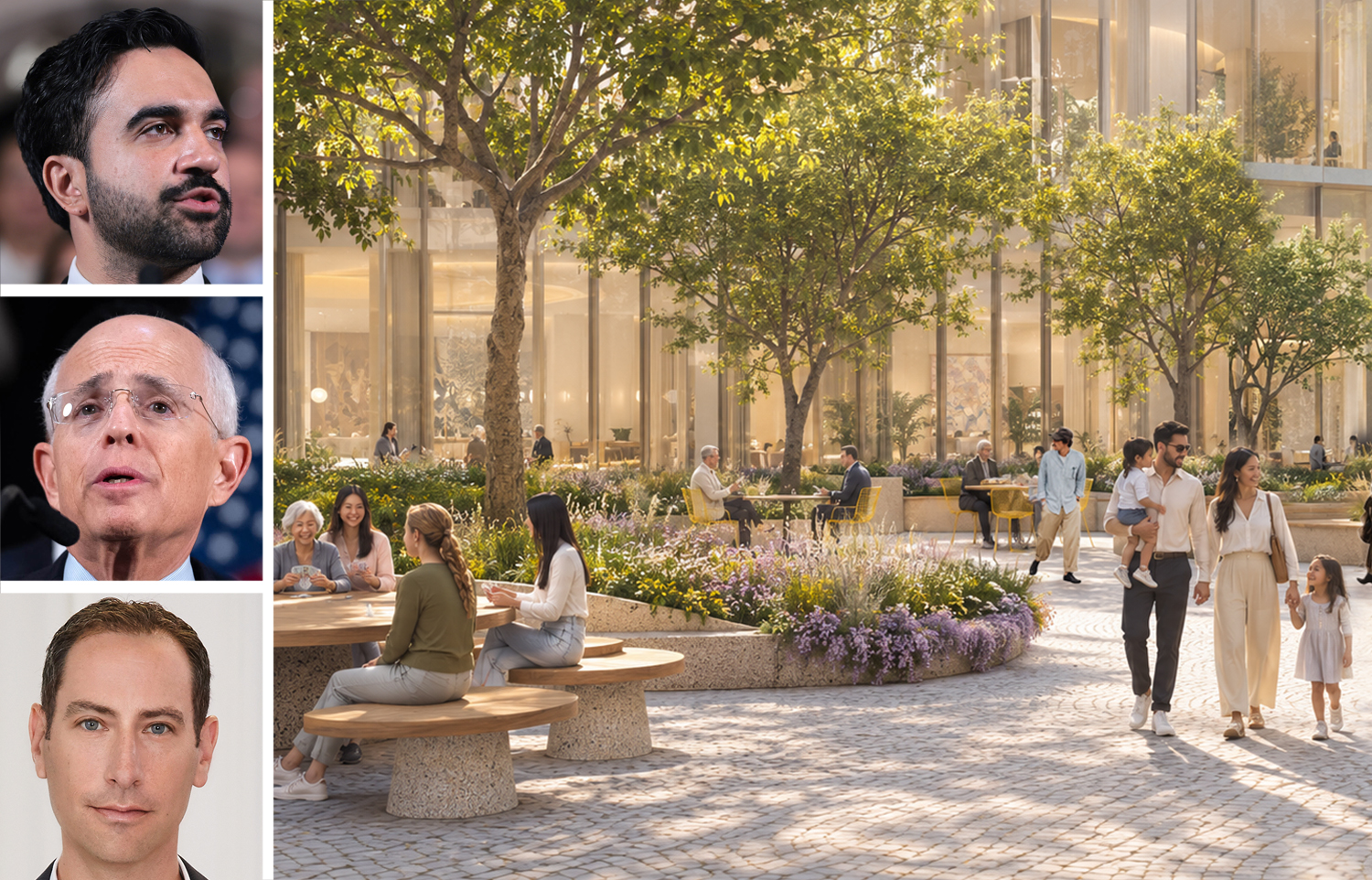 Mayor Zohran Mamdani (top), NYCEDC President & CEO Anthony Shorris (center), CEO and Principal of GFP Development Brian Steinwurtzel and a rendering of a courtyard at 100 Gold Street.
