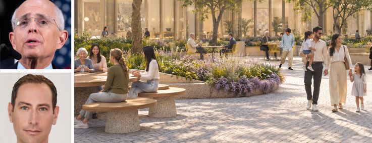 Mayor Zohran Mamdani (top), NYCEDC President & CEO Anthony Shorris (center), CEO and Principal of GFP Development Brian Steinwurtzel and a rendering of a courtyard at 100 Gold Street.