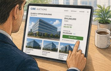 An illustration of a businessperson looking at office buildings on an online auction site.