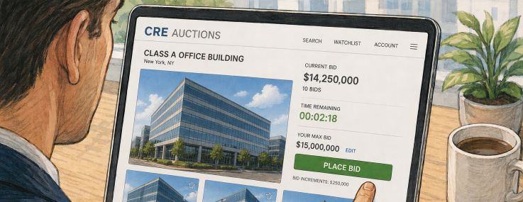 An illustration of a businessperson looking at office buildings on an online auction site.