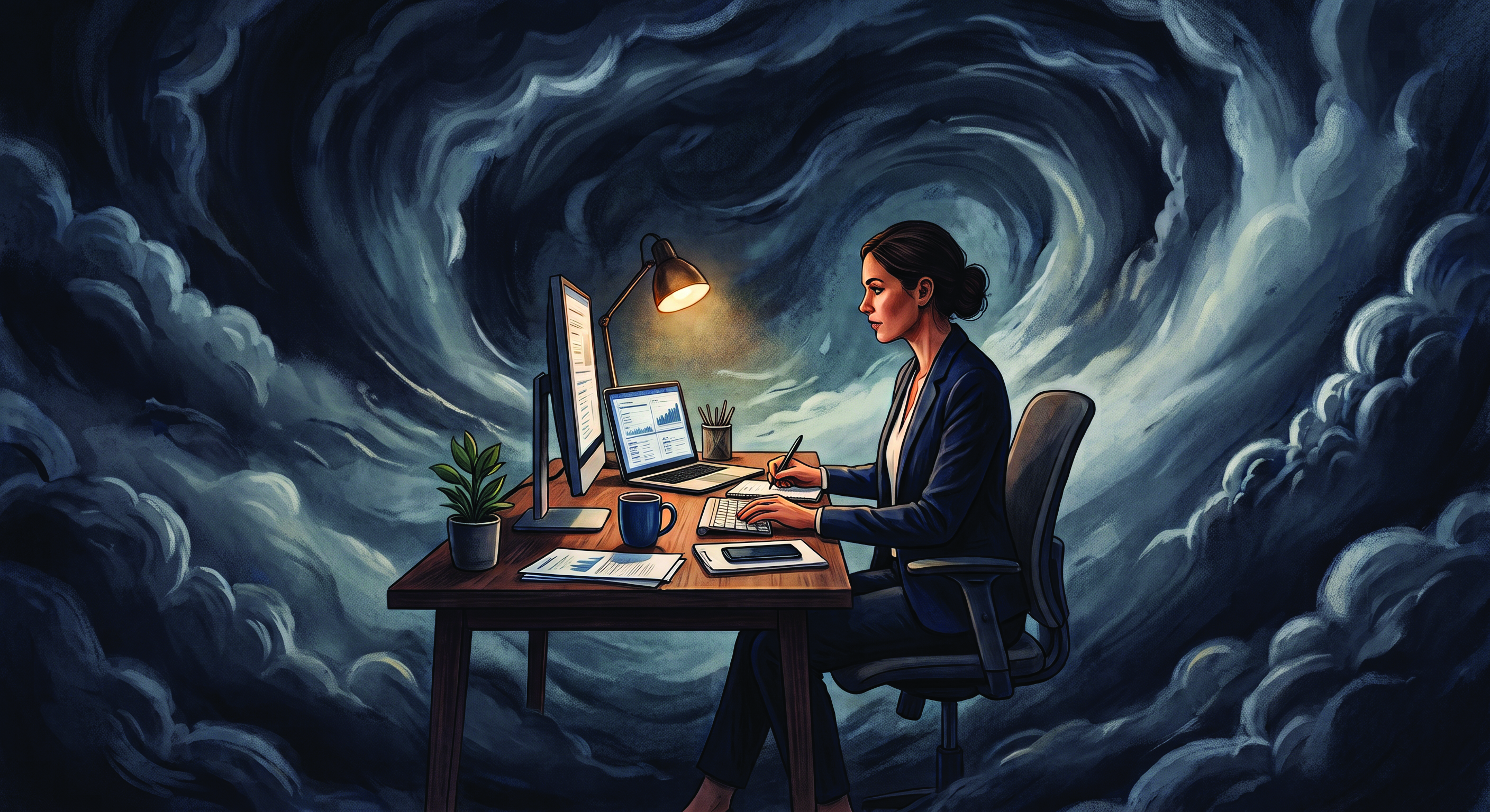 A businesswoman working amid a swirling storm.