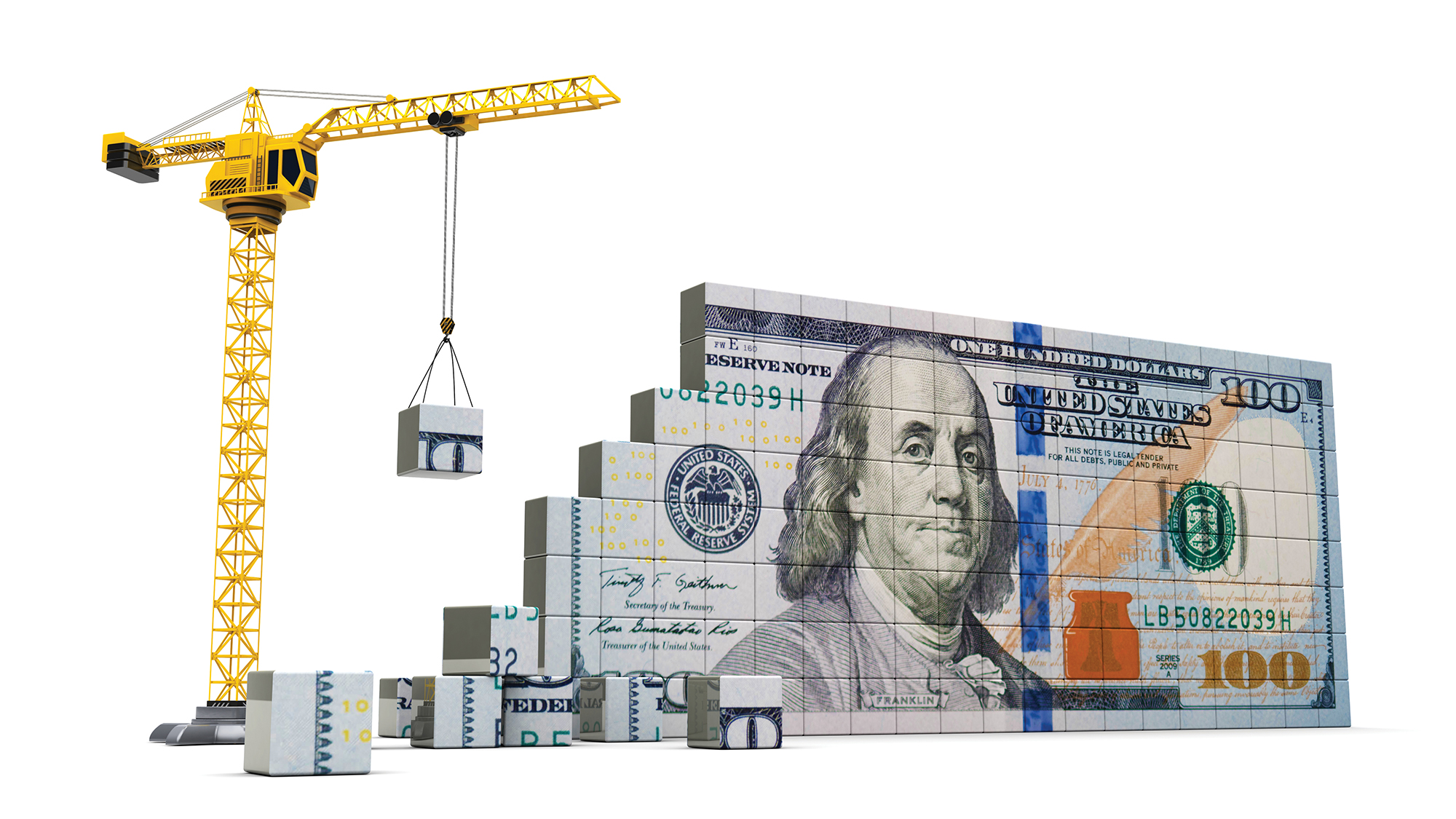 An illustration of crane building a hundred dollar bill.