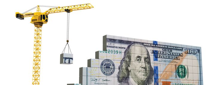 An illustration of crane building a hundred dollar bill.