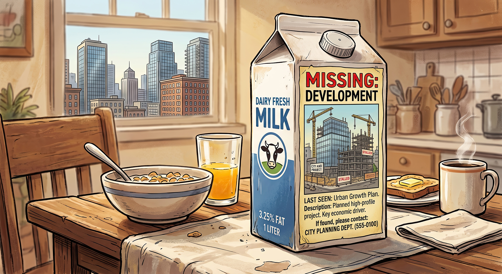 An illustration of a milk carton with a development in the Missing ad on it.
