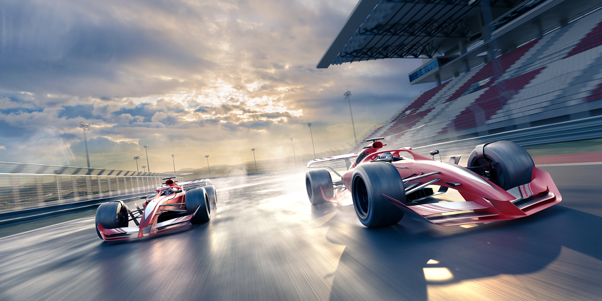 An illustration of two red and silver racing cars moving a high speed.