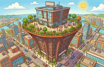 An illustration of a Class B building with an outdoor terrace in a city.