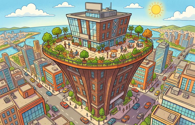 An illustration of a Class B building with an outdoor terrace in a city.