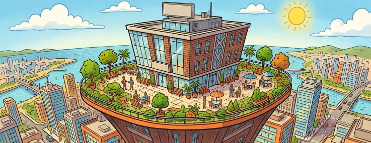 An illustration of a Class B building with an outdoor terrace in a city.