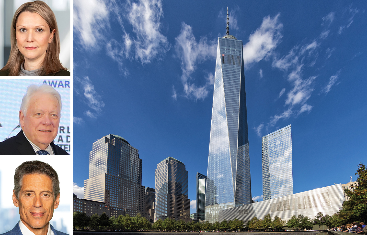 Jolene Yeats (top), John E. Drew (center), and Jody Durst (bottom) pictured with One World Trade Center.