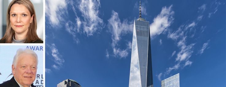 Jolene Yeats (top), John E. Drew (center), and Jody Durst (bottom) pictured with One World Trade Center.
