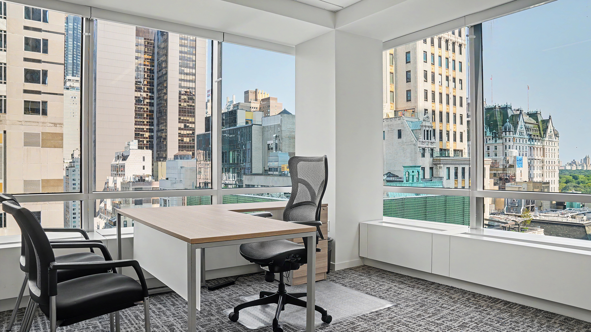 Offices throughout the space have large windows with views that overlook Central Park, the Plaza hotel and other elements of the city.