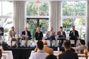 Marko Kazanjian (from left), Brett Forman, Miller Townes, Mark Levy, Ryan Doyle and Joe Furst sit on a panel at Commercial Observer's South Florida Capital and Development Forum.