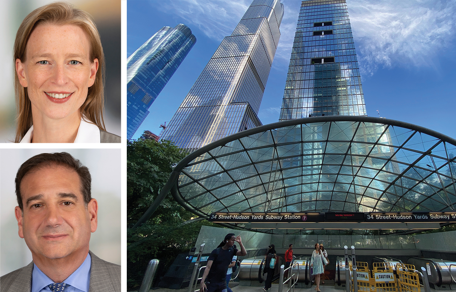 Allyson Bowen (top) and Erik Schmall (bottom) of Savills and a view of Hudson Yards.