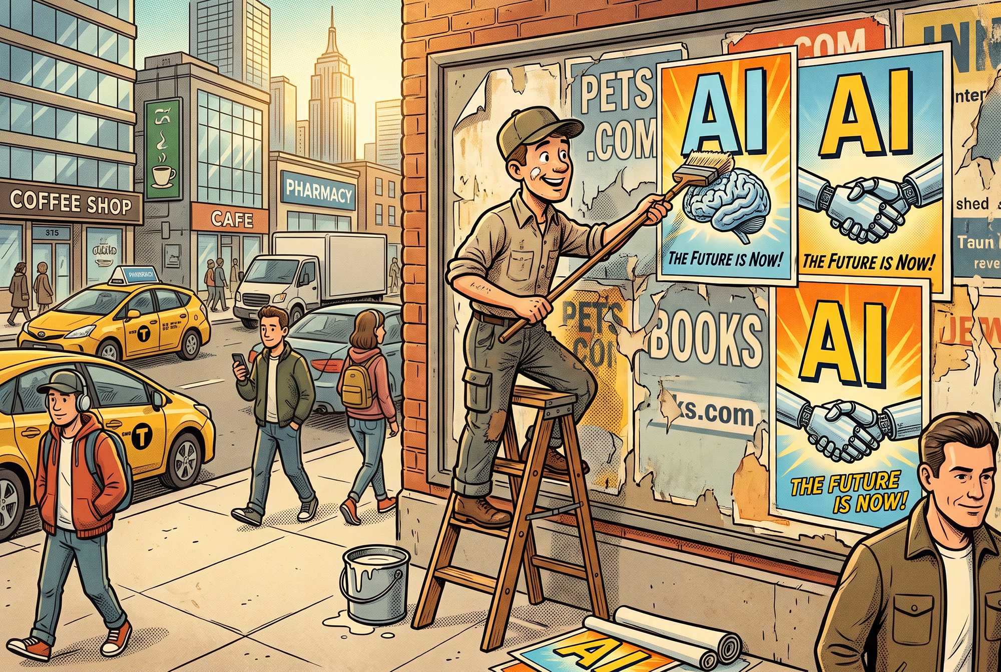 An illustration of a man pasting "AI" posters over old weathered ".com" posters on a city street.