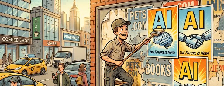 An illustration of a man pasting "AI" posters over old weathered ".com" posters on a city street.