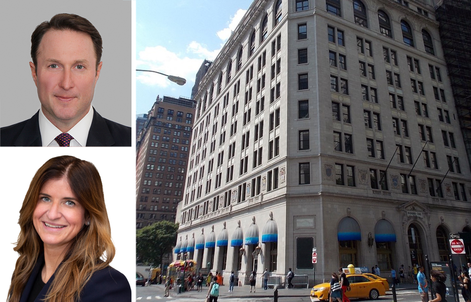 Newmark's Adam Spies (top) and Marcella Fasulo, and 1 Broadway.