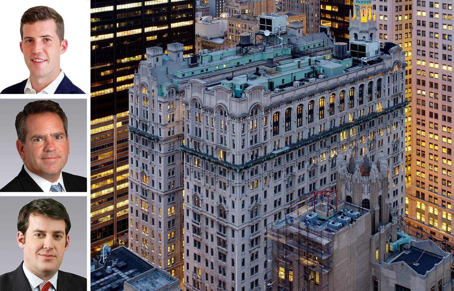 Colliers' Aidan Campbell (top), Michael Joseph (center) and JP Howard, and 111-115 Broadway.